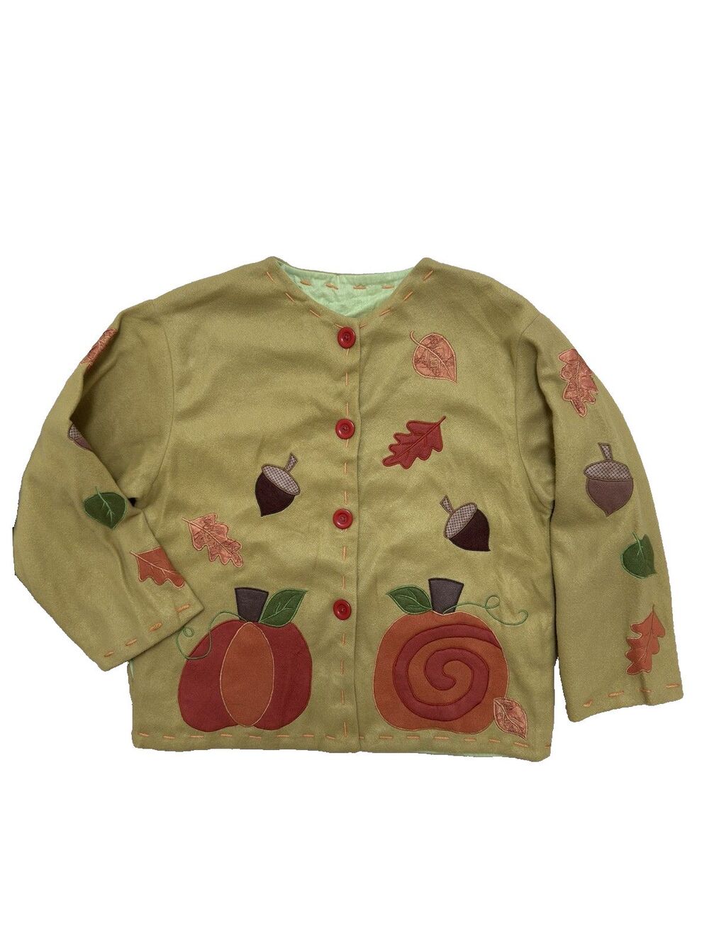 VTG 90s Y2K Autumn Pumpkin Leaf Applique Fleece Jacket Mustard Cardigan L Lined - Picture 16 of 16